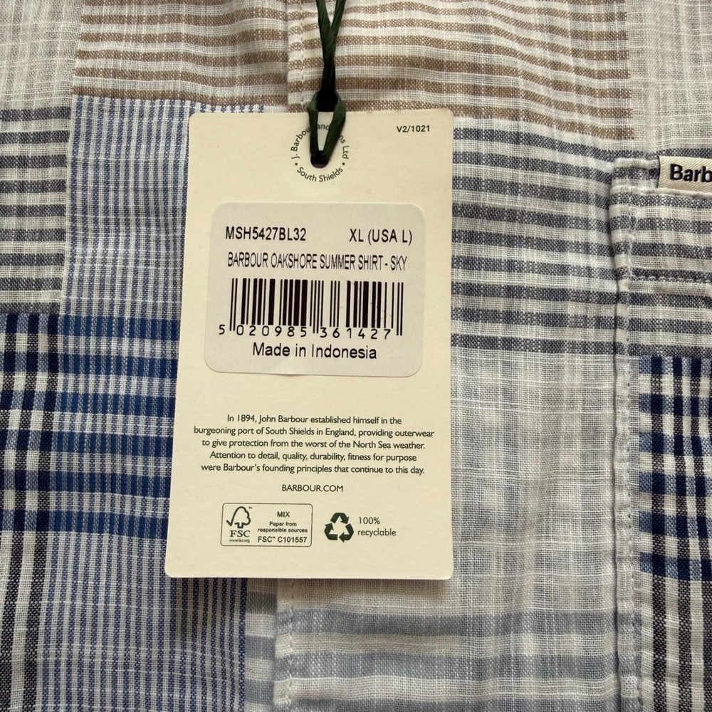 Barbour Oakshore Summer Shirt Mens L Sky Blue Tan Patchwork Plaid 100% Cotton - Picture 3 of 10